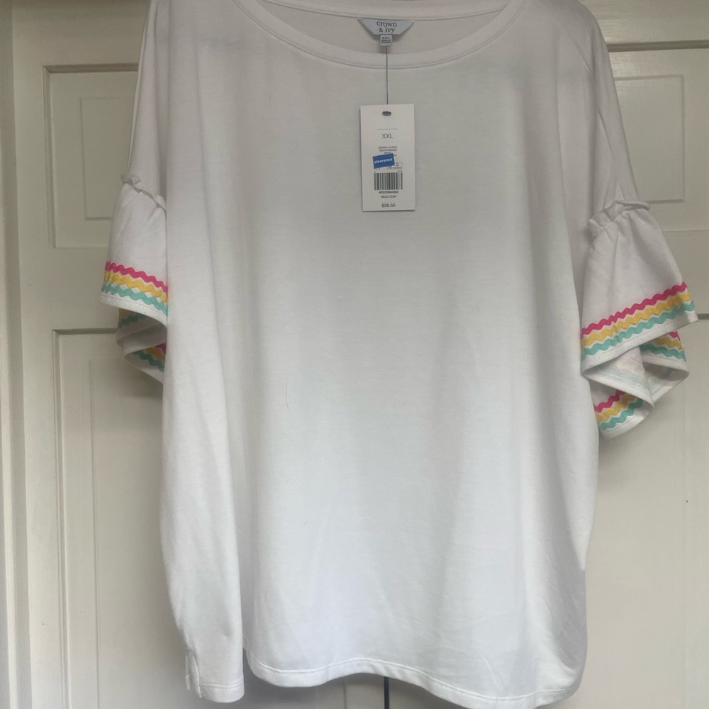 Crown & Ivy White Top with Colorful Sleeve RicRac Trim